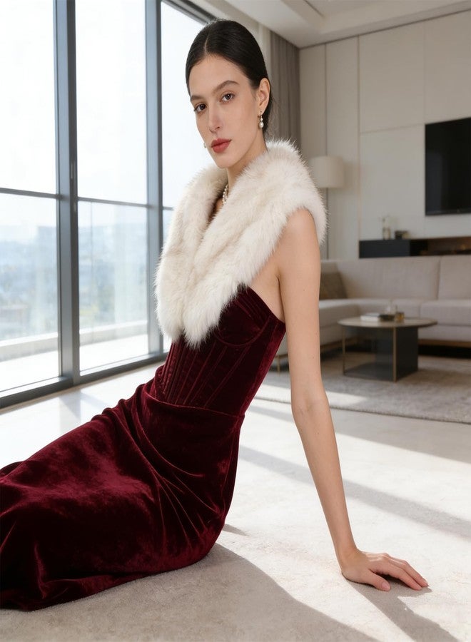XEPST Faux Fur Shawl for Women, Women's Faux Fur Collar Scarf Wrap White Winter Neck Warmer - Image 4